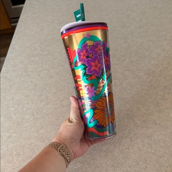 Starbucks Gold Tumbler with Floral Accents Rex Hamilton - Picture 5 of 5